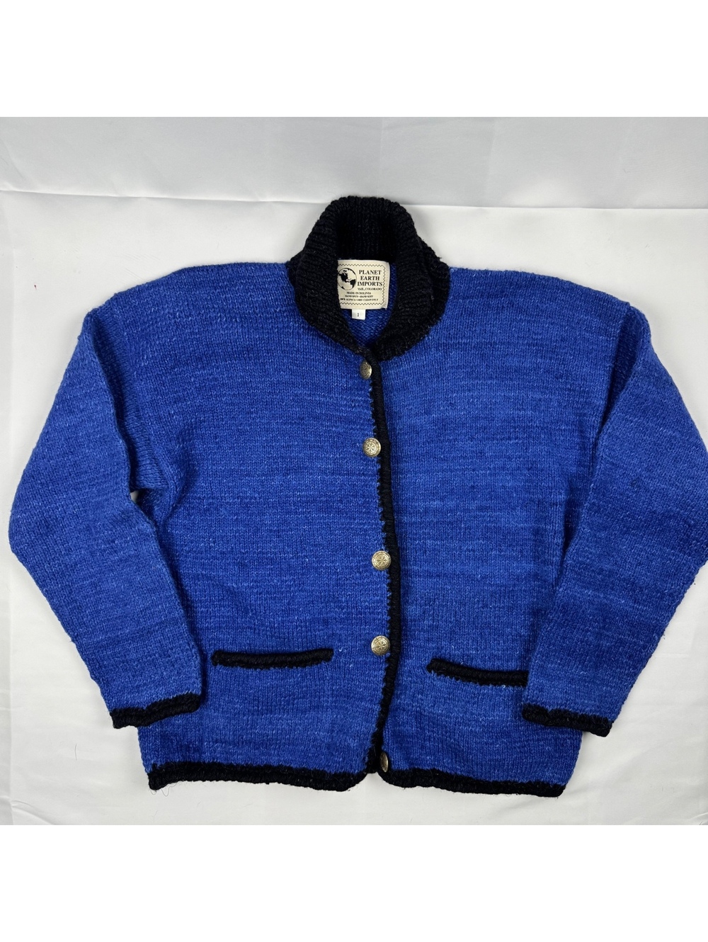 Planet Earth Imports Vintage 100% Alpaca Knit Blue/Black Cardigan